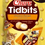 Opakowanie przysmaków Inaba Churu Tidbits Chicken Recipe zawierające 3 porcje miękkich kąsków z kurczaka z kremowym wnętrzem dla kota.