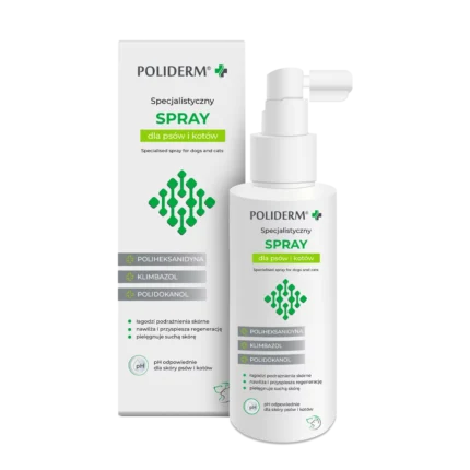 Specjalistyczny spray POLIDERM 100ml – antyseptyczny płyn łagodzący świąd i leczący stany zapalne skóry u psów oraz kotów.