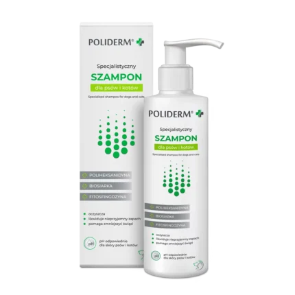 Specjalistyczne opakowanie 200ml szamponu POLIDERM dla psów i kotów – preparat na stany zapalne, łojotok i infekcje skóry.