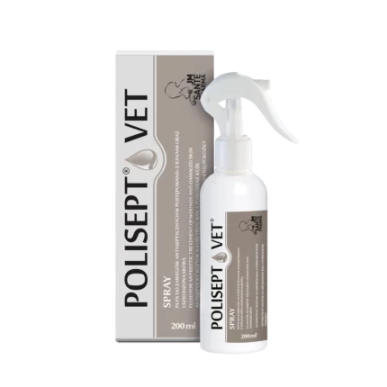 Opakowanie 200ml sprayu POLISEPT VET – aktywny preparat wspomagający leczenie ran, zakażeń i regenerację tkanek u psów i kotów.