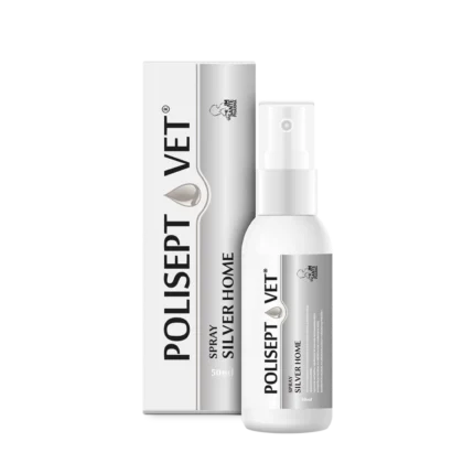 Poręczne opakowanie 50ml sprayu POLISEPT VET Silver Home – preparat ze srebrem koloidalnym wspomagający gojenie ran i regenerację skóry u psów i kotów.