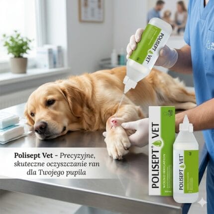 Duża butelka 500ml roztworu POLISEPT VET Wound Irrigation – profesjonalny płyn do płukania i oczyszczania ran u psów i kotów.