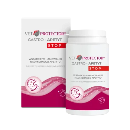 Opakowanie 150g preparatu VET PROTECTOR GASTRO APETYT STOP wspomagającego walkę z nadwagą i hamującego głód u psów i kotów.