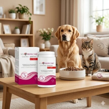 Opakowanie 150g preparatu VET PROTECTOR GASTRO APETYT STOP wspomagającego walkę z nadwagą i hamującego głód u psów i kotów.