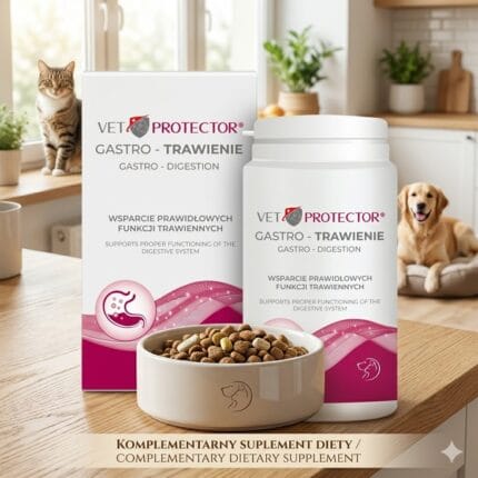 Opakowanie 150g preparatu VET PROTECTOR GASTRO TRAWIENIE – suplement diety wspomagający procesy trawienne i pracę trzustki u psów i kotów.