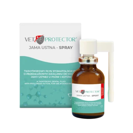 Opakowanie Vet Protector Jama Ustna Spray 30ml z atomizerem dla zwierząt.