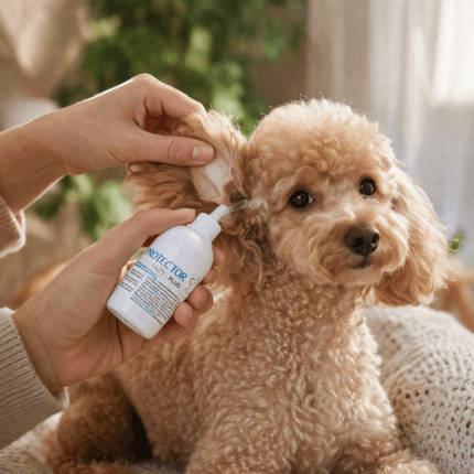 Opakowanie płynu Vet Protector Uszy Plus 50 ml do higieny kanału słuchowego u zwierząt.