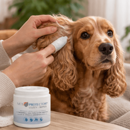 Opakowanie 50 sztuk nakładek Vet Protector Uszy Wipes do bezpiecznego czyszczenia uszu zwierząt.