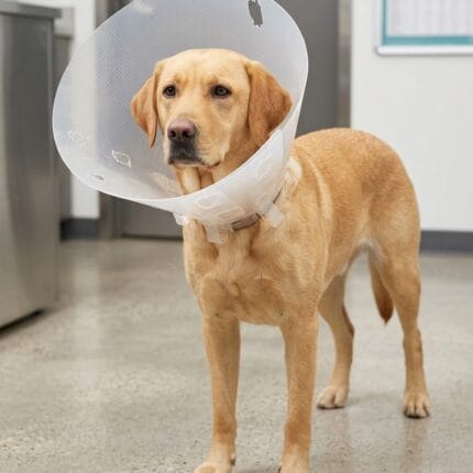 Przezroczysty polipropylenowy kołnierz ochronny typu CLIK dla psa i kota z widocznym systemem zatrzasków