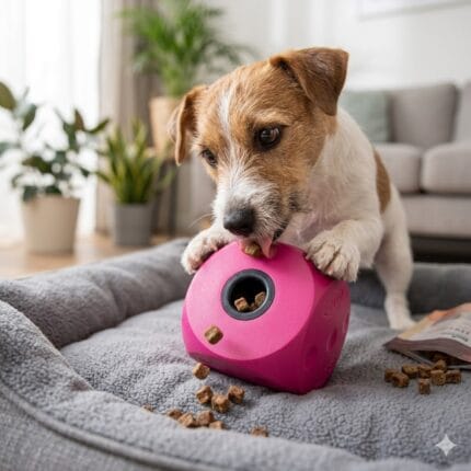 Mała, miękka kostka edukacyjna Soft Cube Mini dla psa i kota, przedstawiona w dwóch wariantach kolorystycznych: jasnoróżowym i jasnoniebieskim, na gładkim, jasnym tle.