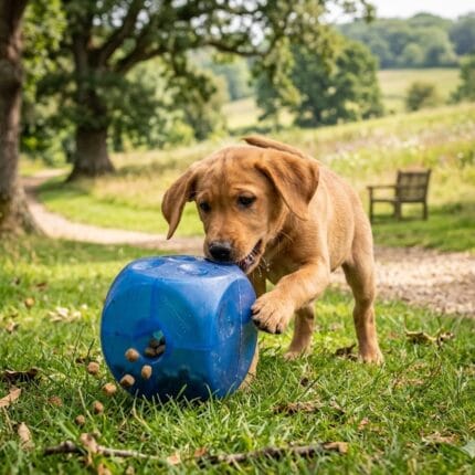 Miękka, kostka interaktywna BUSTER Soft Cube marki Kruuse w jaskrawym kolorze, z otworami na przysmaki, przeznaczona dla psów i kotów.