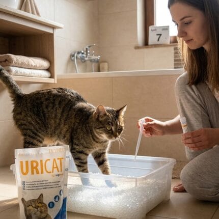 Opakowanie zestawu Uricat zawierające niechłonne podłoże, pipetę oraz probówkę do pobierania moczu od kota.