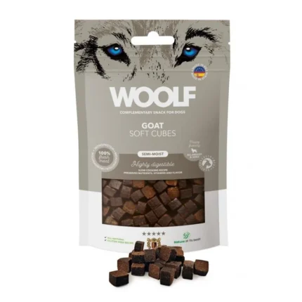 Opakowanie miękkich kostek Woolf Soft Cubes Goat 100g z koziny – hipoalergiczny przysmak treningowy dla psa.