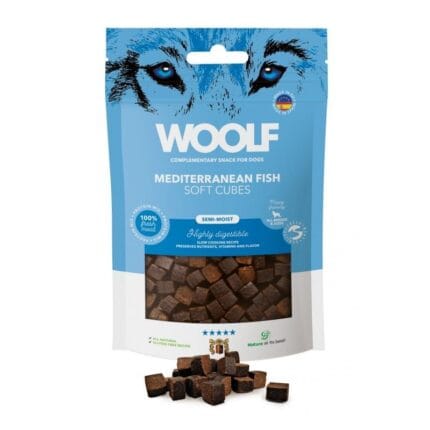Półwilgotne przysmaki dla psa Woolf Soft Cubes Mediterranean Fish 100g w formie miękkich kostek ze świeżych ryb morskich.