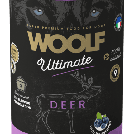Puszka 400g bezzbożowej karmy mokrej dla psa Woolf Ultimate Adult Deer z mięsem jelenia i dodatkiem jagód.