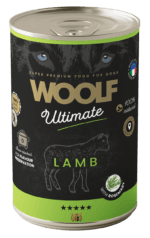 Puszka 400g pełnowartościowej karmy mokrej dla psa Woolf Ultimate Adult Lamb z jagnięciną i dodatkiem rozmarynu.