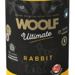 Puszka 400g pełnowartościowej karmy mokrej dla psa Woolf Ultimate Adult Rabbit z dodatkiem pomidorów.