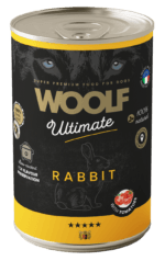 Puszka 400g pełnowartościowej karmy mokrej dla psa Woolf Ultimate Adult Rabbit z dodatkiem pomidorów.