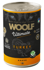 Puszka 400g bezzbożowej karmy mokrej dla psa Woolf Ultimate Adult Turkey z indykiem i dodatkiem tymianku.
