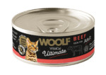 Puszka 85g luksusowej karmy mokrej dla kota Woolf Ultimate Cat Adult Beef z grafiką soczystej wołowiny, produkt klasy Ultra Premium.