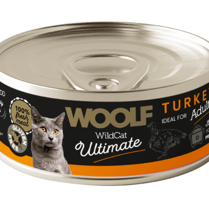 Puszka 85g luksusowej karmy mokrej Woolf Ultimate Cat Adult Turkey z grafiką soczystego indyka, dedykowana dla dorosłych kotów wszystkich ras.