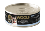 Puszka 85g karmy mokrej Woolf Ultimate Cat Adult Sterilised White Fish z grafiką białej ryby, dedykowana dla dorosłych kotów po sterylizacji.