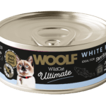 Puszka 85g karmy mokrej Woolf Ultimate Cat Adult Sterilised White Fish z grafiką białej ryby, dedykowana dla dorosłych kotów po sterylizacji.